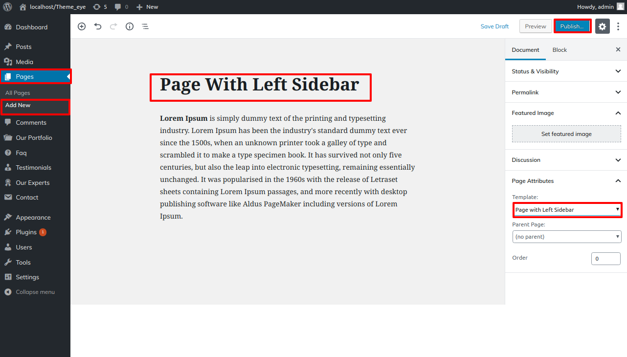 select Page With Left Sidebar template
