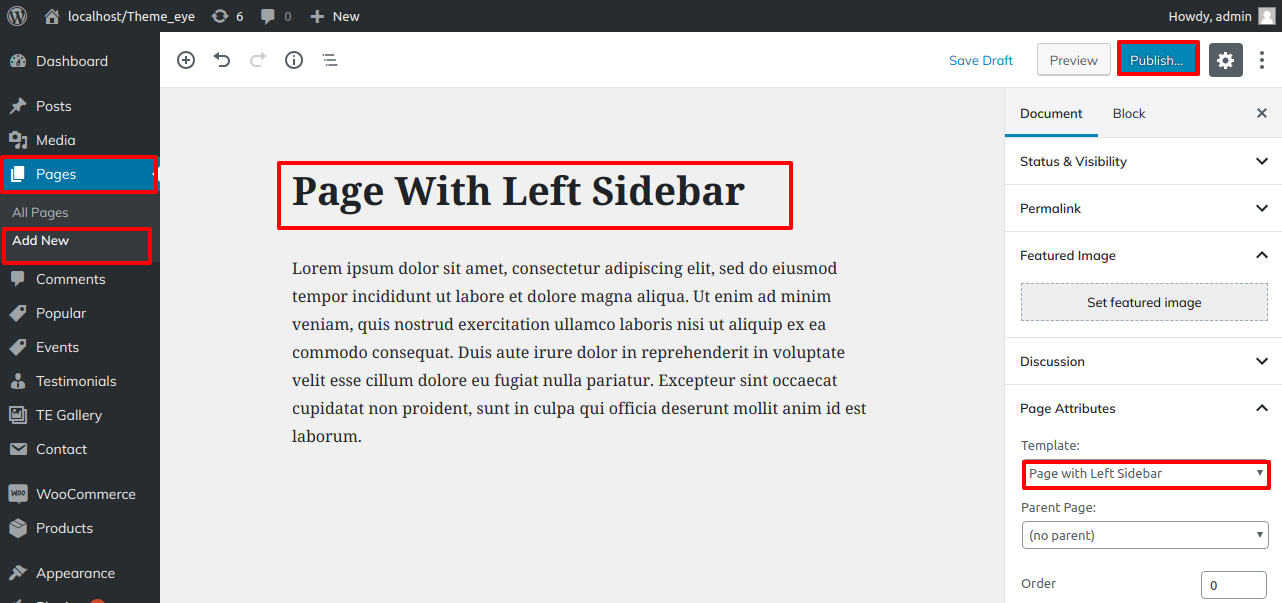 select Page With Left Sidebar template