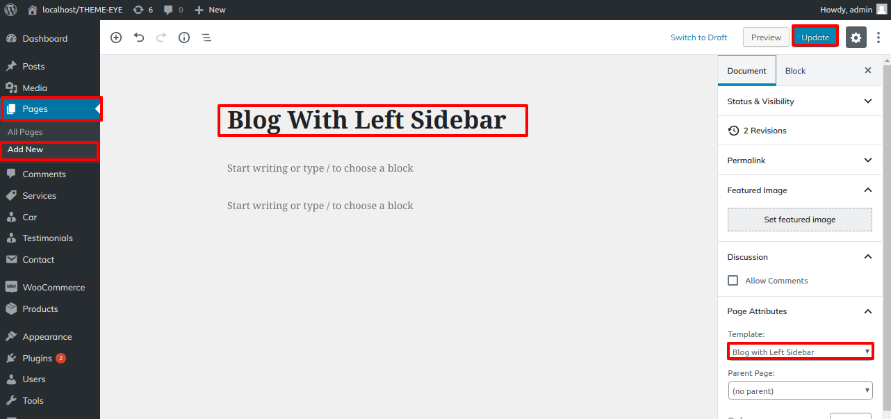 select Blog With Left Sidebar template
