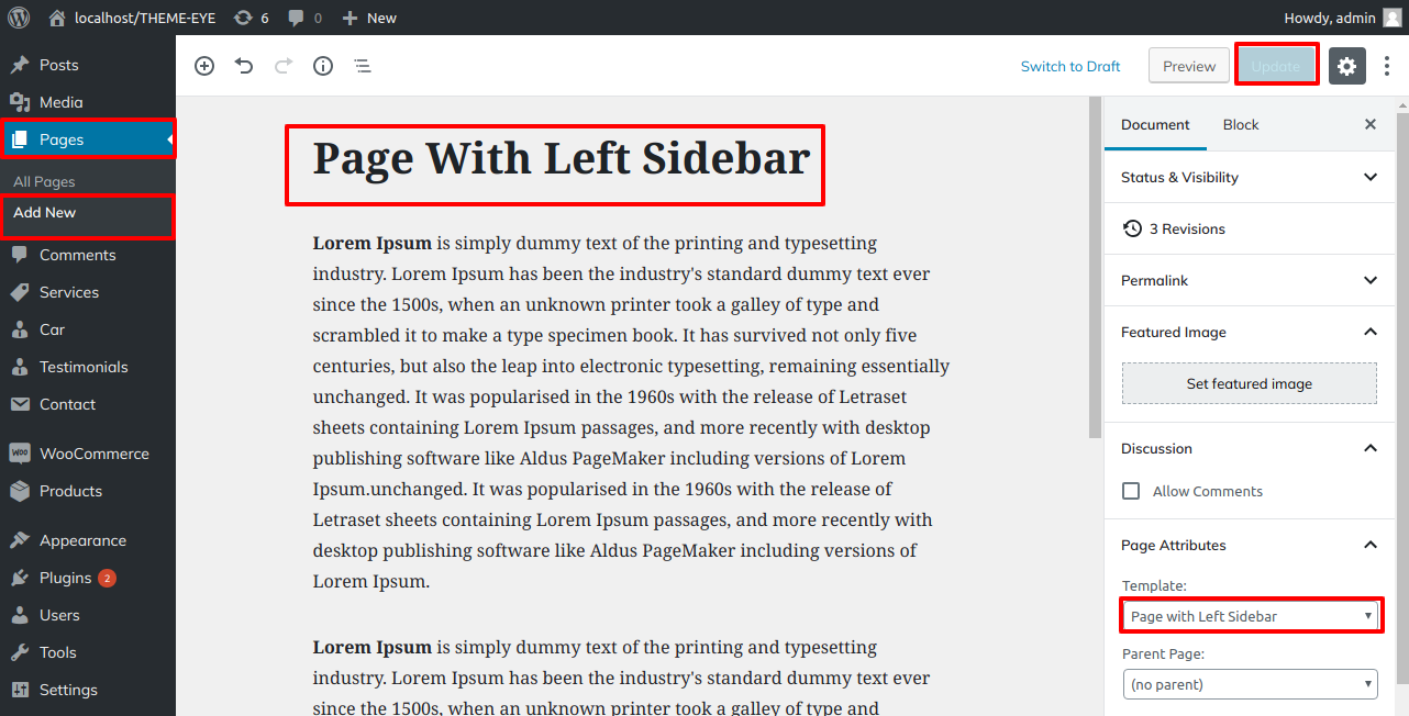 select Page With Left Sidebar template