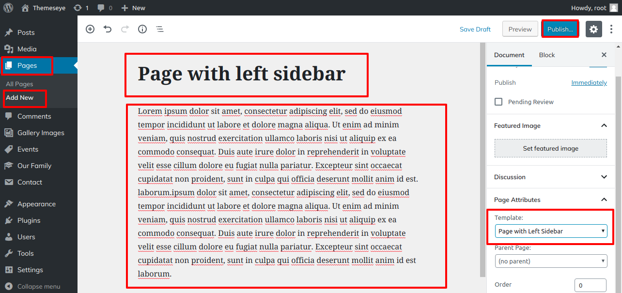select Page With Left Sidebar template