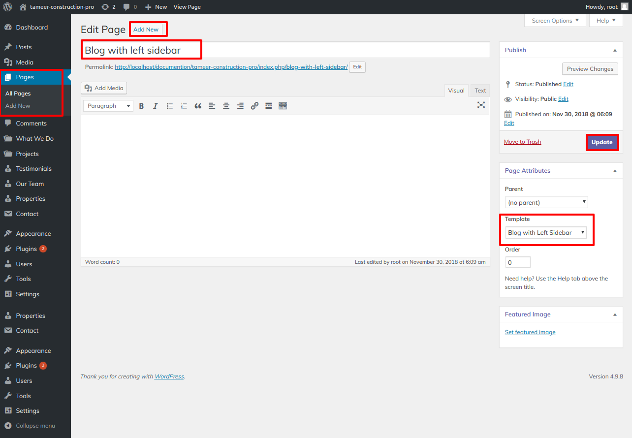select Blog With Left Sidebar template