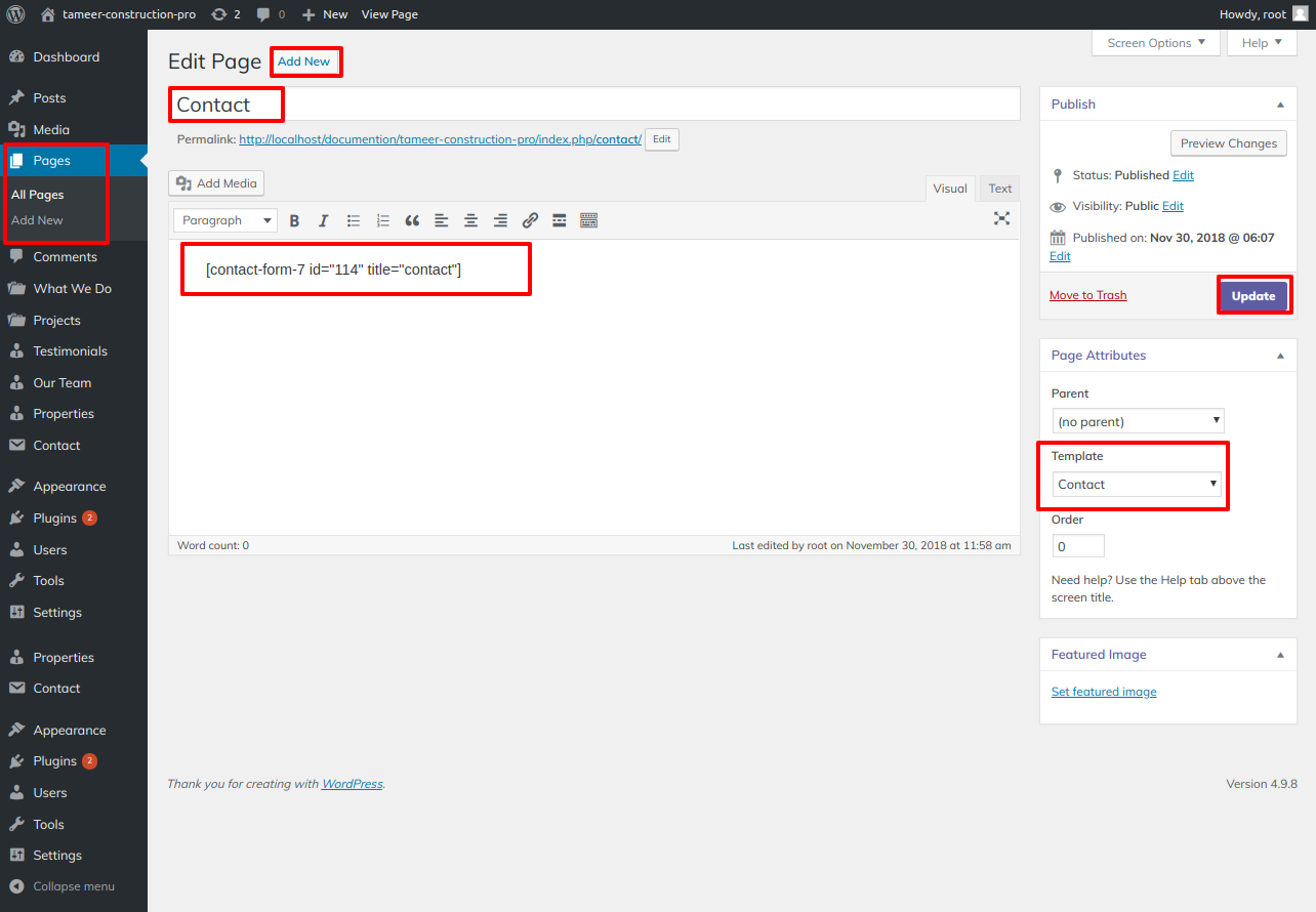 select Contact Page template