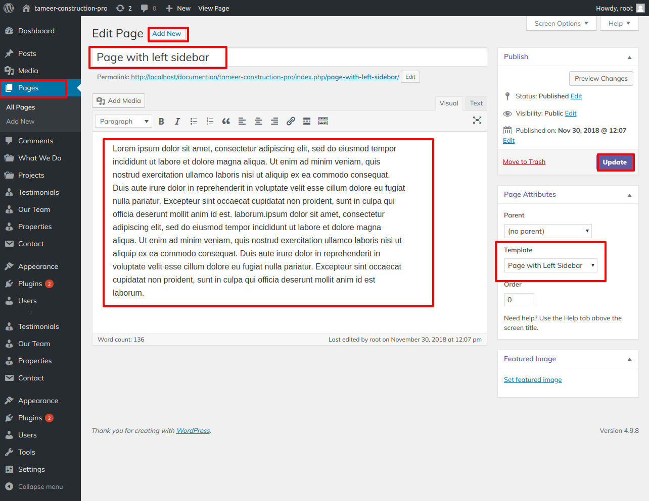 select Page With Left Sidebar template
