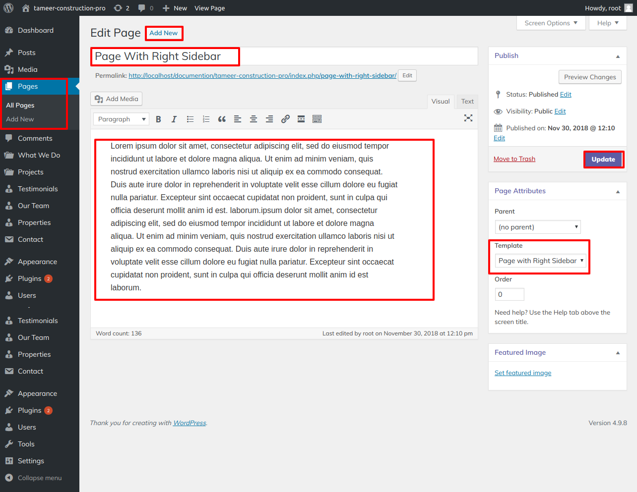 select Page With Right Sidebar template